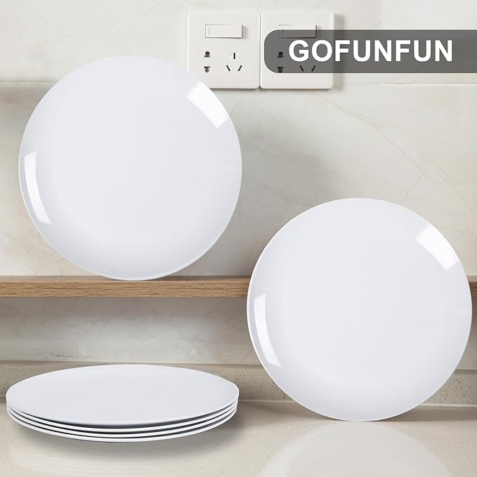 White Melamine Dinner Plates,6pcs Dishes Set,10inch Lightweight Round Plates,Scratch Resistant Unbreakable Serving Dishes,White