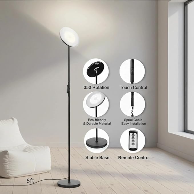 JOOFO Floor Lamp,30W/2400LM Sky LED Modern Torchiere 3 Color Temperatures Super Bright-Tall Standing Pole Light with Remote & Touch Control for Living Room,Bed Room,Office (Black)