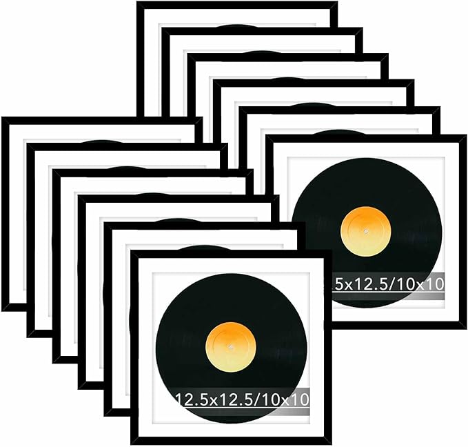 12 Pack 12.5x12.5 Record Frame with 10x10 Mat for Vinyl Record Album Cover Poster, Display Photo 10x10 with Mat or 12.5 x 12.5 Without Mat, Wall Hanging Vinyl Frames, 12 Pack, Black