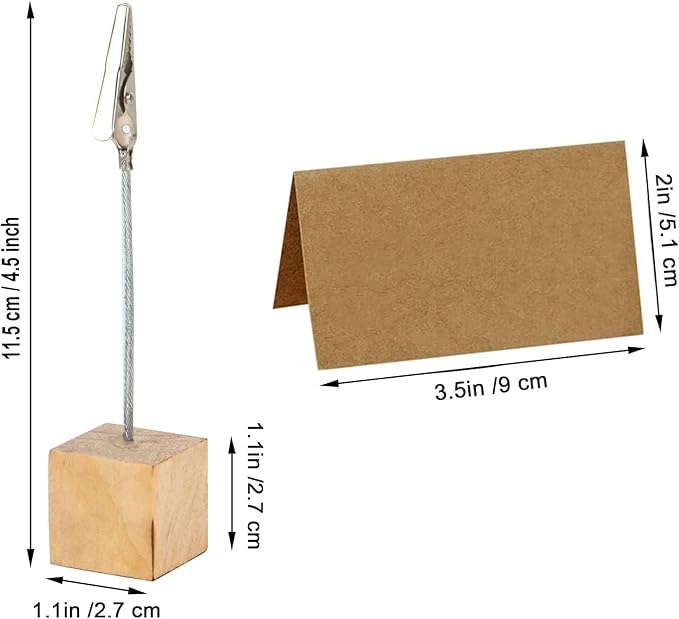 10 Pcs Wood Place Card Holders and 10 Pcs Kraft Place Cards, Photo Holders for Table, Rustic Wood Table Number Holder Stand with Memo Clips for Wedding Party Name Sign