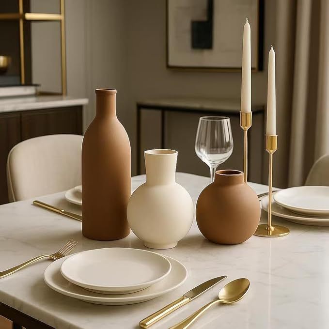 Ceramic Vase Set of 3, Modern Minimalist Farmhouse Style Home Decor Vases, Ideal for Pampas Grass & Dried Flowers, Perfect for Kitchen, Bedroom, Living Room & Dining Table Centerpiece(Brown)