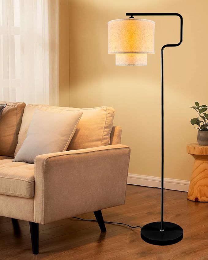 Lightdot 62IN Floor Lamps for Living Room, Modern Standing Tall Lamps with Double Linen Shades, 3000K Arc Bohemian Floor Lamp with Foot Switch for Wedding/Party, Bedroom, Home Office-Black