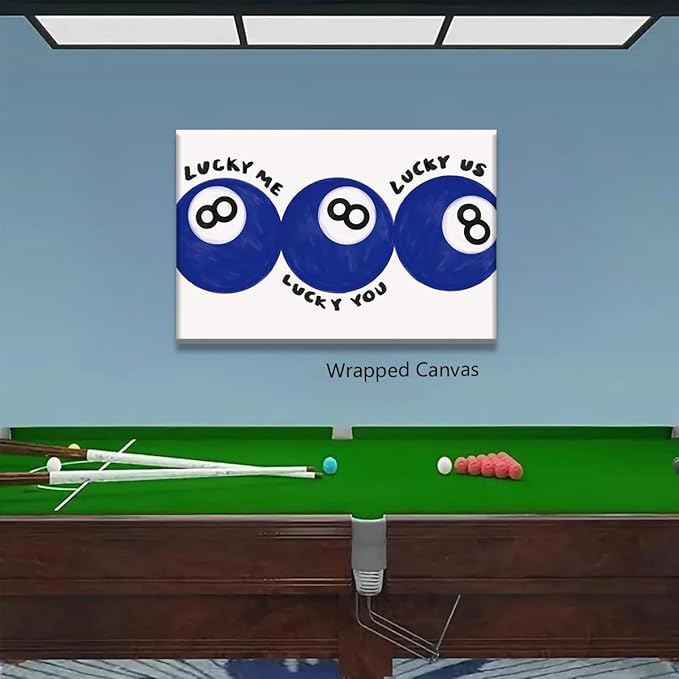 Blue 8 Ball Poster, Lucky Me Lucky You Lucky Us Quote Canvas Wall Art, Playful Billiards Balls Picture Print, Retro 8ball Pool Painting for Bar Cart Game Room Man Caves Wall 12x16in Unframed