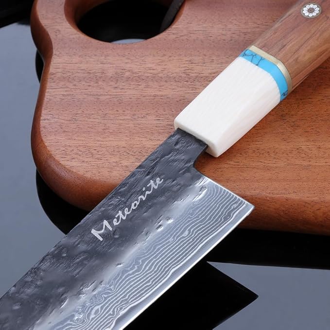 Santoku Knife 7in, Damascus Japanese Chef Knife, Professional Hand Forged Chef's Knives for Kitchen Cooking Meat Cleaver, Cutting Vegetables and Fruit, Razor-Sharp Chef's Knife with Gift Box, Black
