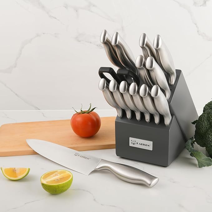 Kitchen Knife Set, 15 Pieces Knife Set with Block, Knives Set for Kitchen, Silver Hollow Ergonomic Handle for Chef Knife Set, Kitchen Shears,Gray Knife Block Set