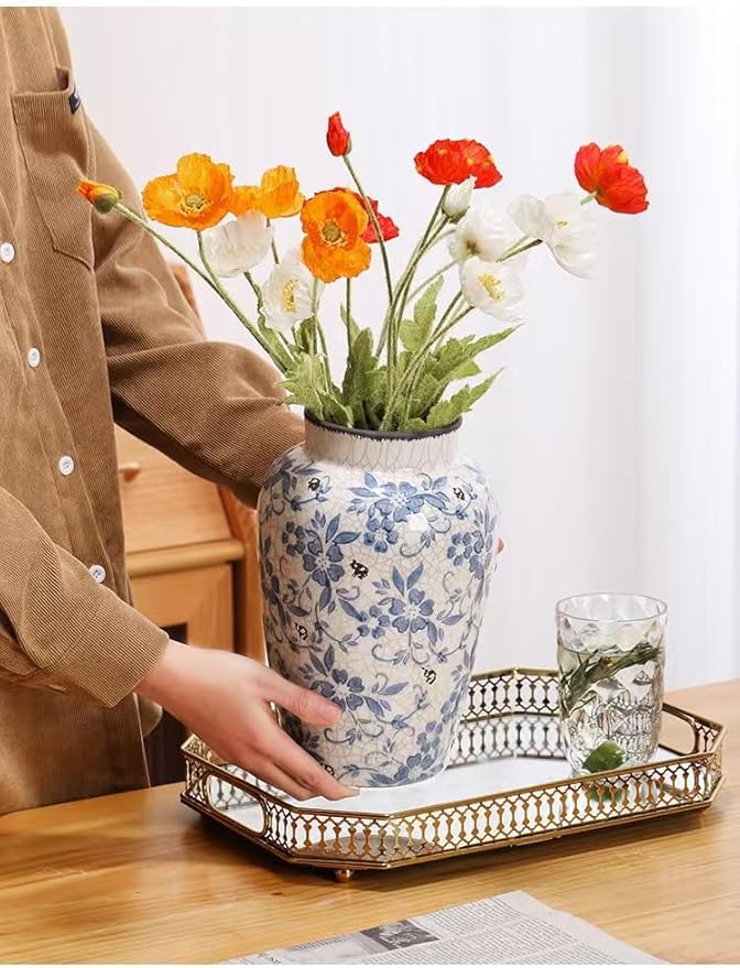 Decorative 10 inch Ceramic Flower Vase, Blue and White Floral Pattern, Crackle Glaze Finish