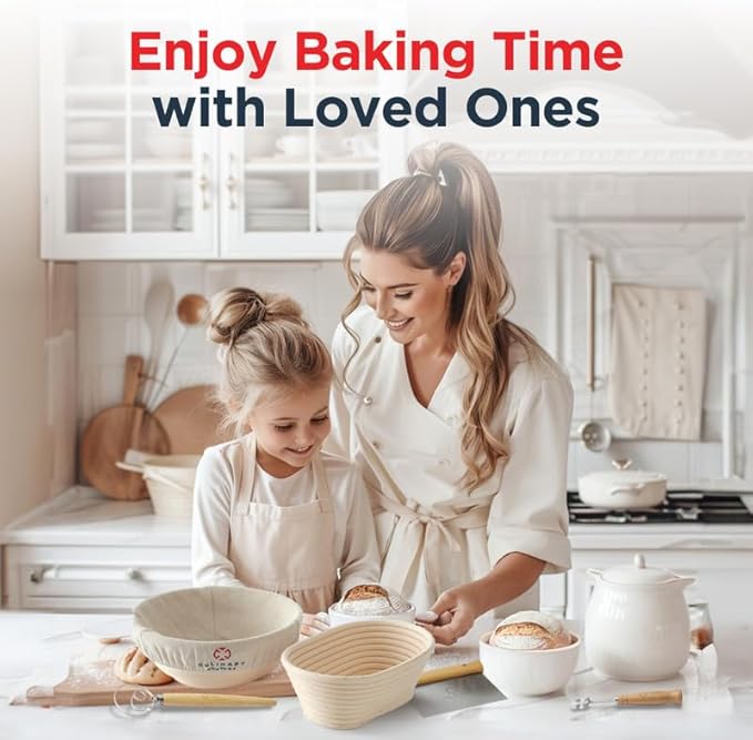 Bread Proofing Basket Set of 2 - Round 9" & Oval 8" Sourdough Bread Baking Supplies w/Linen Liner, Scrapers, Scoring Lame, Whisk, Blades Banneton Proofing Baskets - Sourdough Starter Kit for Beginners