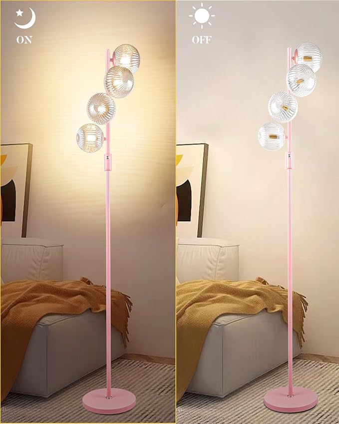 Lightdot 64IN Dimmable Floor Lamp with Globe Clear Glass Shade, Modern Pink Standing Lamps with 4PCS 3000K G9 Bulbs Soft Warm White Eye Care, Mid Century Floor Lamp for Living Room Bedroom