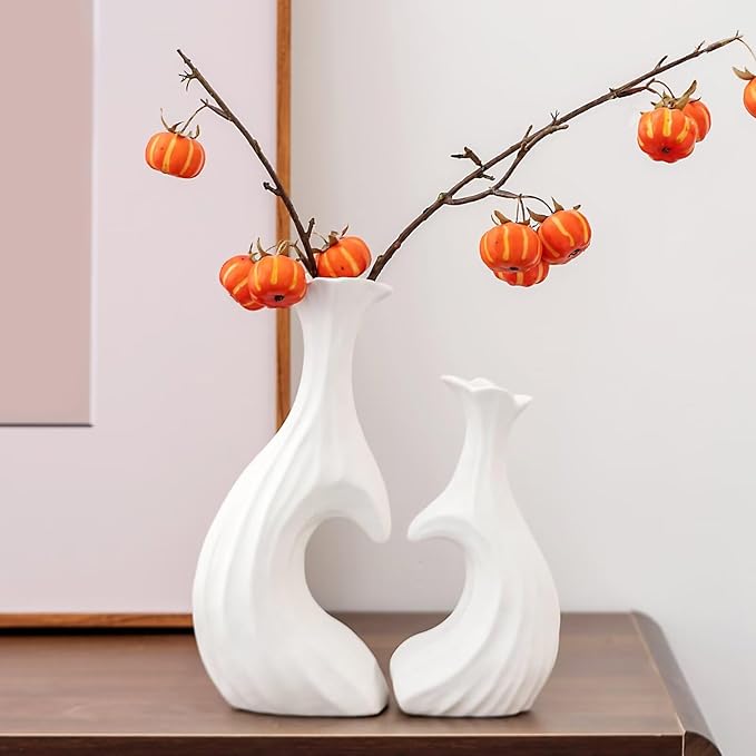 Ceramic Vases for Home Decor, Modern Heart Shaped Vase Set of 2, Matte Farmhouse Dried Fake Flowers Vase for Office, Living, Dining Room, Kitchen