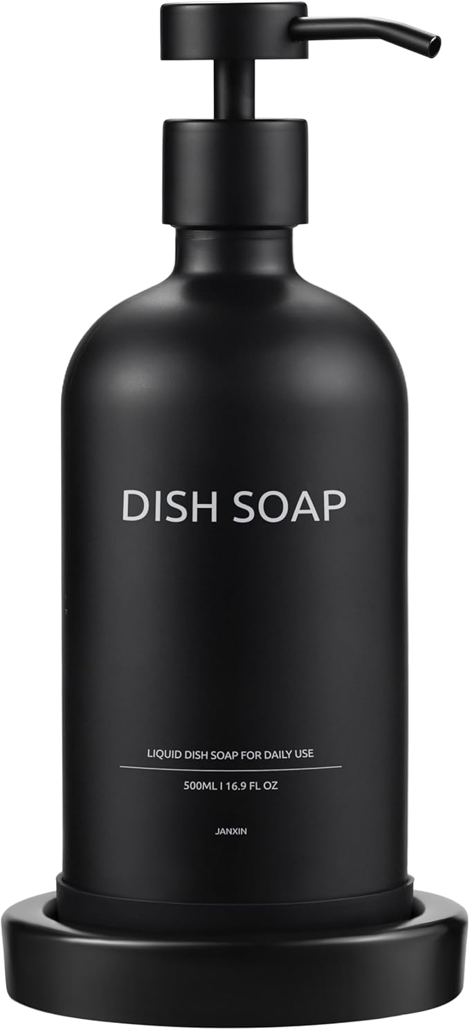 Glass Soap Dispenser Set by Janxin,Bathroom Soap Dispenser Set with Ceramic Tray,Luxury Bathroom Accessories,Modern Kitchen Decor (Black(Dish Soap))