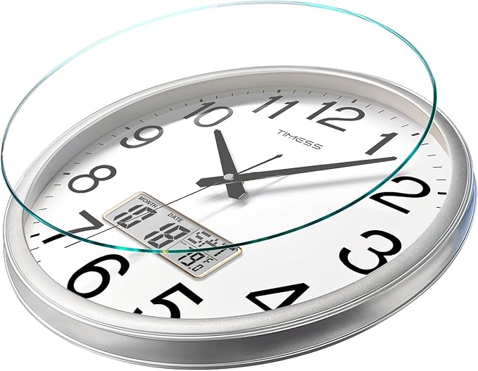 Wall Clock, 11 Inch Non-Ticking Silent Battery Operated Quartz Analog with LCD Display for Perpetual Calendar and F° Temperature, Ideal Modern Home, Bedroom, Kitchen, Office Décor (Sliver)