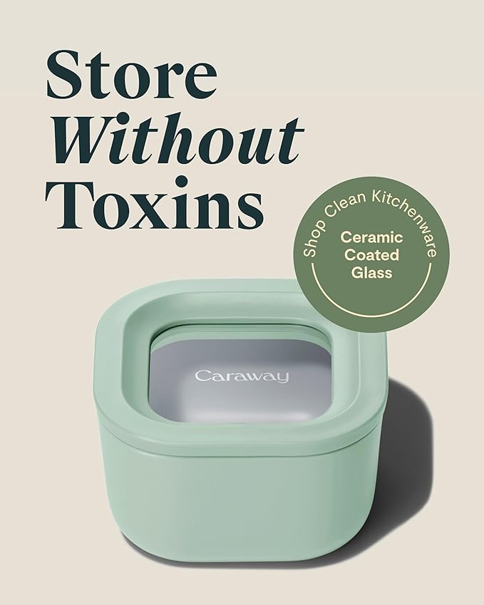 Caraway 6pc Food Storage Container Set - 1.75 Cup Glass Storage Container for Food (6) - Non-Toxic Ceramic-Coated Glass - Air Release Technology - Compact & Stackable Design - Mist