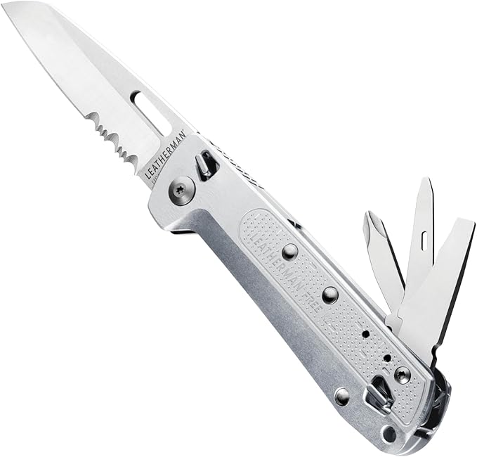 LEATHERMAN, FREE K2, Folding Pocketknife, 8-in-1 Multi-tool for Everyday Carry (EDC), Home & Outdoors, Made in USA, Silver (K2X with Serrated Blade)