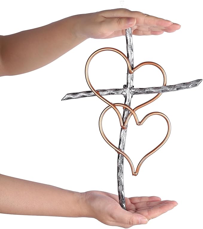 Wall Cross - Heart Metal Crosses Religious Wall Art for Wall - Wall Hanging Cross Wall Decor for Living Room Bedroom Wedding Decor(Entwined Hearts)