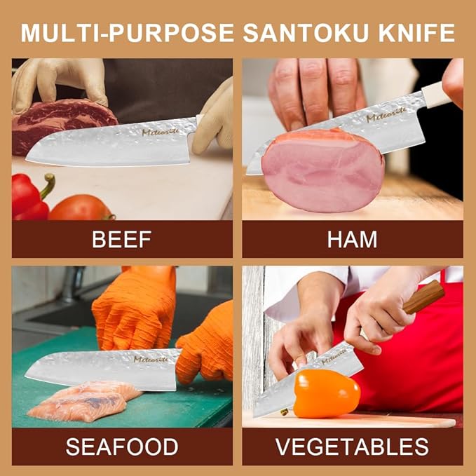 Santoku Knife 7in, Damascus Japanese Chef Knife, Professional Hand Forged Chef's Knives for Kitchen Cooking Meat Cleaver, Cutting Vegetables and Fruit, Razor-Sharp Chef's Knife with Gift Box, Silver