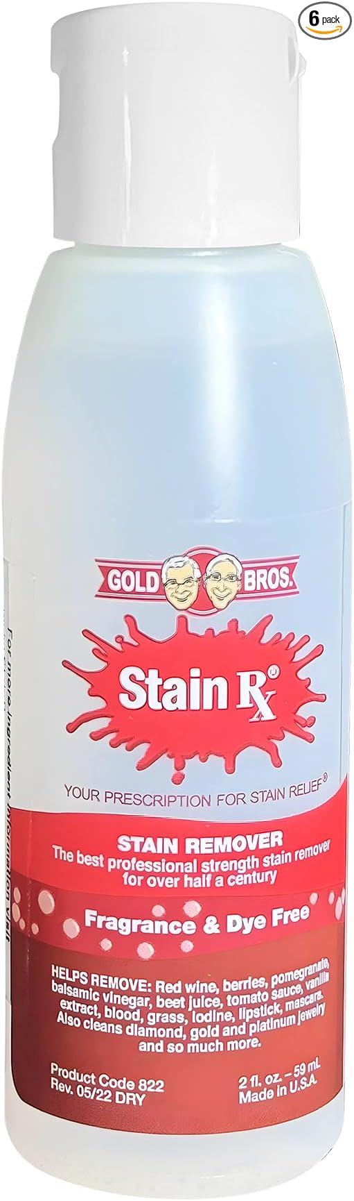 Stain Remover, Effectively Eliminates Stains from Wine, Berries & Blood on Fabrics, Carpets, Upholstery & Jewelry, Dye-Free, Bleach-Free, Made in USA, 2 fl. oz. (6 Pack) with a Flip-Top Cap