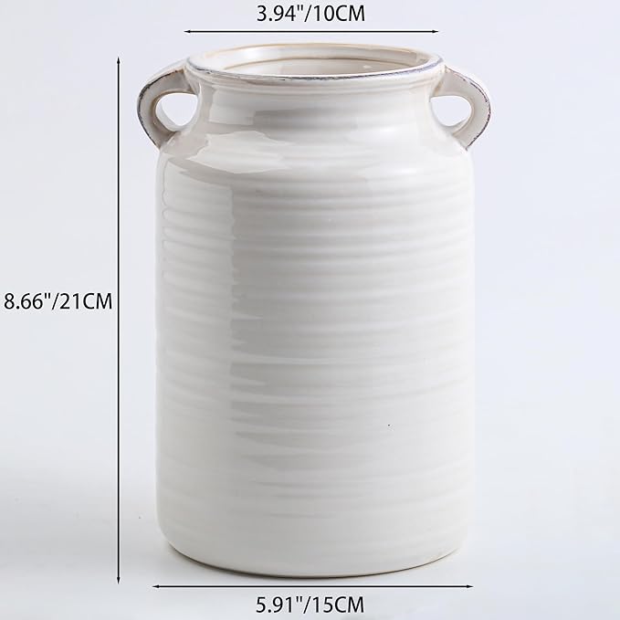 Ceramic Rustic Distressed White Flower Vase for Centerpieces, Kitchen, Office or Living Room (5.9''x8.6”)