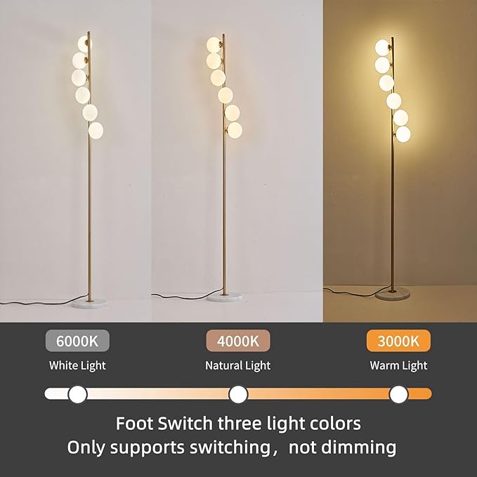 NKU Mid Century Floor Lamp Unique Glass lamp with Foot Switch, Modern Standing Tall Lamp for Living Room 3 Color Temperatures 6 Globe Floor Lighting for Bedroom Office(Gold)