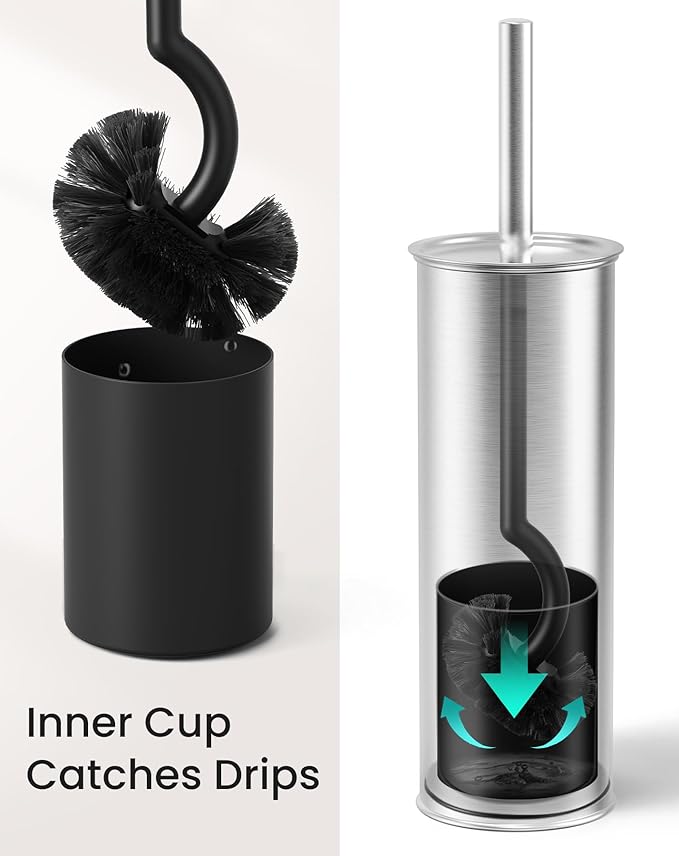 Cesun Toilet Brush and Holder Set - Curved Design Toilet Brush for Deep Cleaning Under Rim, 304 Stainless Steel Toilet Bowl Brush and Holder for Bathroom, Rv, Silver(2 Replaceable Brush Head Included)