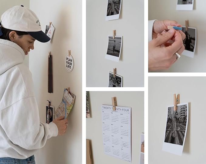100 Pack Mini Self Adhesive Clips for Pictures - Wood Clip Photo Holders for Wall, Photo Cards Hanging Display Board & Picture Boards, Artwork Photos Holders Hangers Room Decor (Light Wood 100pack)