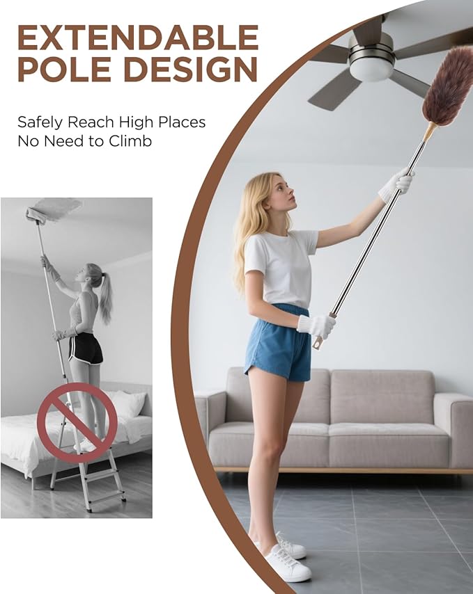 Extendable Lambswool Duster 30-100 Inch, Stainless Steel Long Handle Duster, Natural Feather Duster for Cleaning High Ceilings, Fans, Bookshelves, Interior, Cars