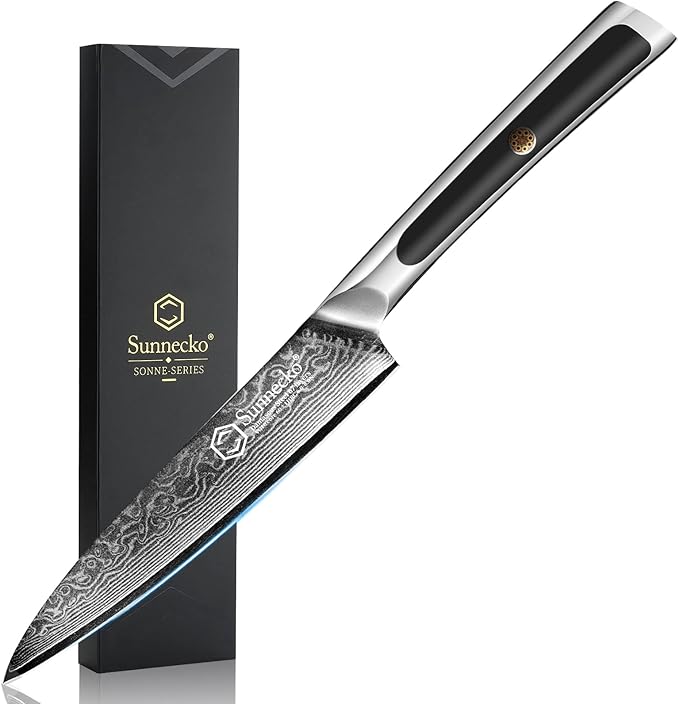 Sunnecko Paring Knife 5 Inch, Small Kitchen Knife with VG10 Damascus Steel Utility Knife with Solid Handle Fruit Knife Perfect for Cutting Fruit and Vegetables Peeling Knife with Gift Box Petty Knife
