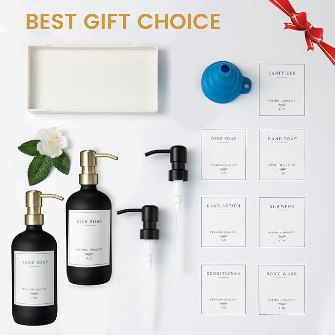 Glass Soap Dispenser for Kitchen Sink,Farmhouse Kitchen Dish Soap Dispenser&Hand Soap Dispenser Set,Rustproof Pump Soap Dispenser Bathroom with Tray,Waterproof Label for Kitchen Decor(Black