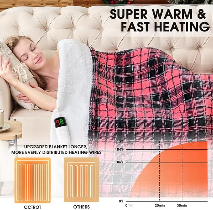 Pink Heated Blanket Electric Full Size,72X84 Heating Blanket with 10 Heats Levels&8 Hours Auto Off&Timer,Plaid Soft Sherpa Pink Blankets Warmer Gift for Grandma Women Adult,Fast Heating Washable,ETL