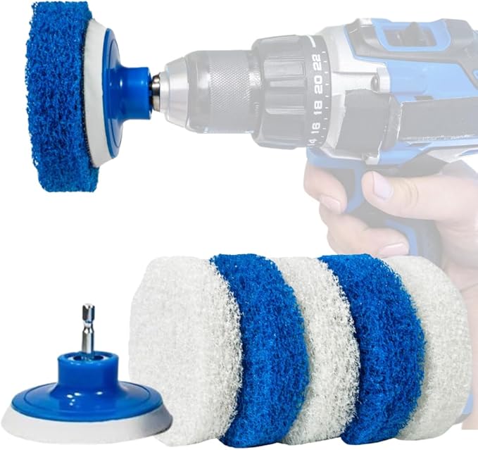 7 Pack Multi-Purpose Drill Brush Kit for Cleaning Bathrooms, Showers, Tubs, Tile, Floors, Sinks, Toilets, Grout and Grime Removal, Reversible Blue and White Scrub Pads