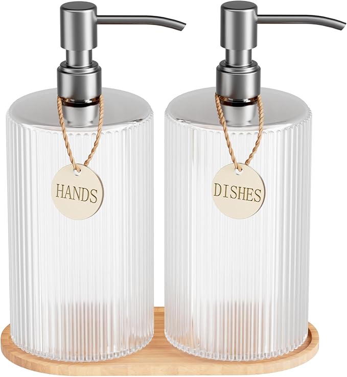 Glass Dish Soap Dispenser Set for Kitchen Sink,18Oz Hand Soap Dispenser for Bathroom with Wood Tray & Silver Stainless Steel Pump,Vertical Stripe Design