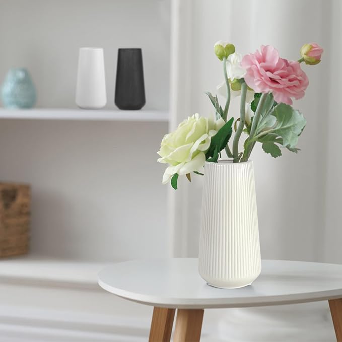 White Ceramic Vase for Flowers, Tall Home Decor Vase with Ribbed Texture, Vases for Centerpieces, Farmhouse Decor, Living Room, Decor Bedroom, Table, and Kitchen Shelf (XL White)