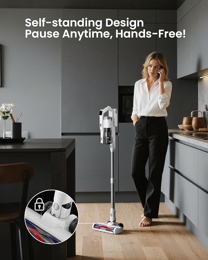 Cordless Vacuum Cleaner for Home, Upgraded 60Kpa Powerful Suction Pet Hair Vacuum with 70min Runtime, Green LED Light for Hardwood Floors & Carpet, Self-Standing Rechargeable Stick Vacuum, White