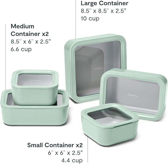 Caraway 13pc Glass Food Storage Container Set - Easy to Store, Non Toxic Lunch Box - with Glass Lids - Includes Storage Organizer - Mist