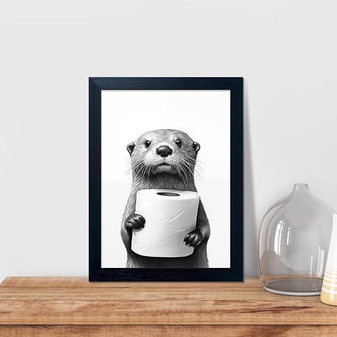 Framed Animal Bathroom Wall Art, Funny Bathroom Wall Decor, Toilet Paper in Raccoon's Hand, Black and White Canvas Print Picture Artwork for Hme