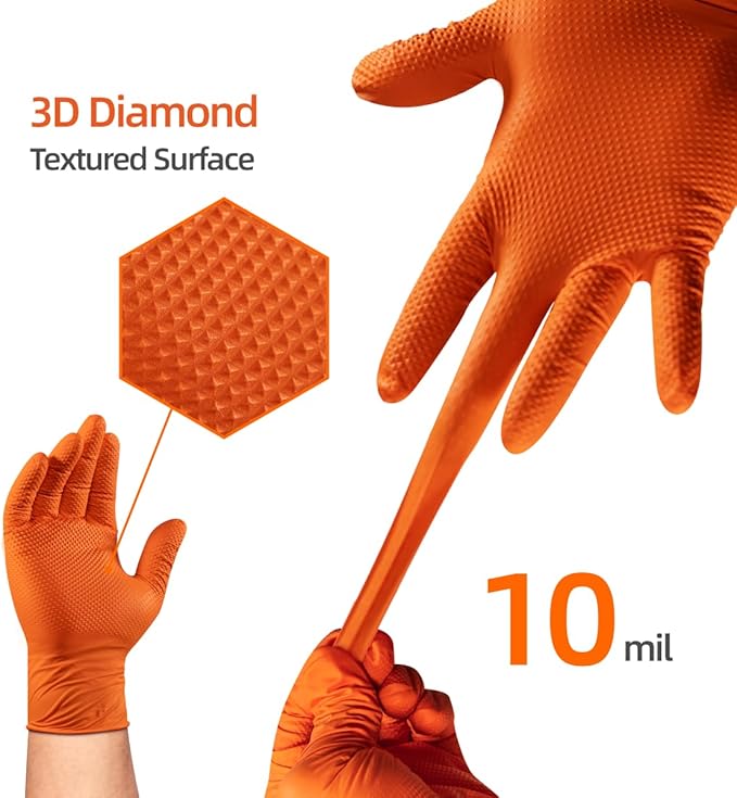 10 Mil Nitrile Disposable Gloves Heavy Duty Mechanic Gloves Raised Diamond Texture Thick (Orange of 1000, Large)