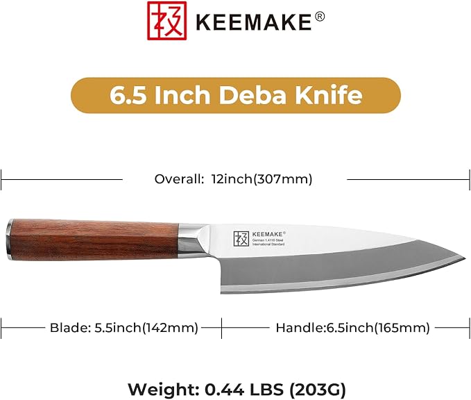 KEEMAKE Deba Knife 6.5 inches, Chef Knife Single Bevel High Carbon Stainless Steel 1.4116 Japanese Style Kitchen Knife for Fish and Meat with Rosewood Handle Chopping Knife with Gift Box