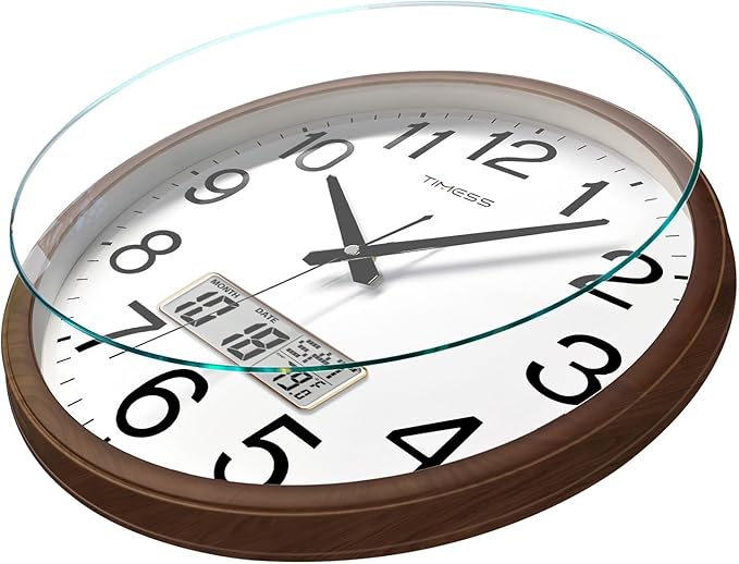 Wall Clock, Classic Wood Style Finish, 11 Inch Non-Ticking Silent Battery Operated Quartz Analog with Perpetual Calendar and F° Temperature Display, Home, Office Décor (Wood Brown)