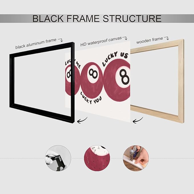 Wodkodnxy Red 8 Ball Poster, Lucky Me Lucky You Lucky Us Quote Canvas Wall Art, Playful Billiards Balls Picture Print, Retro 8ball Pool Painting for Bar Cart Game Room Man Caves Wall 16x24in Unframed