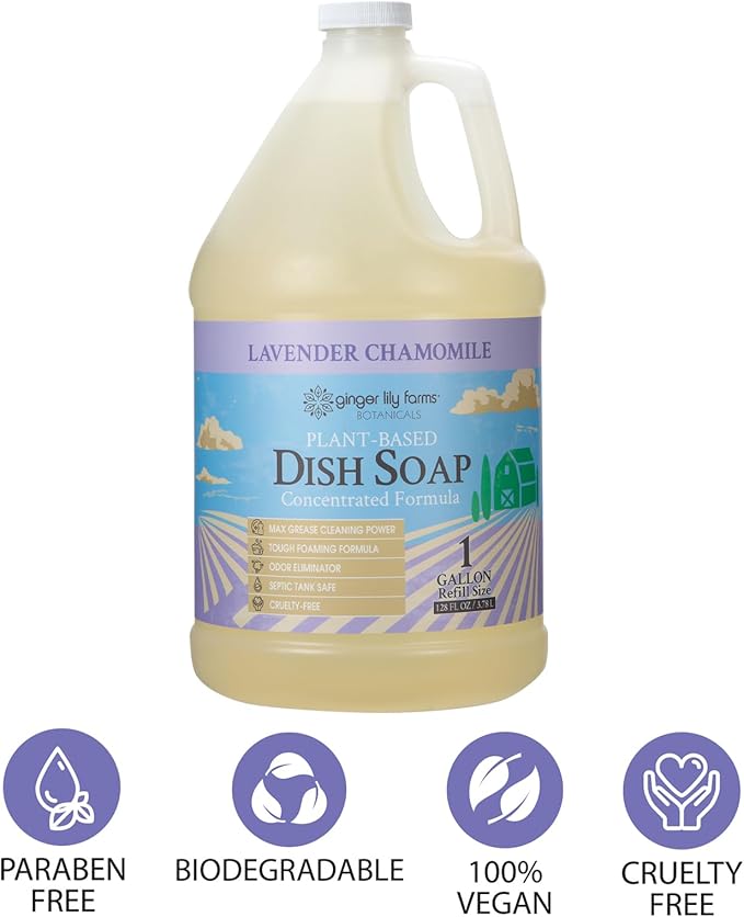 Ginger Lily Farms Botanicals Plant-Based Liquid Dish Soap, Concentrated Formula with Max Grease Cleaning Power, Cruelty-Free, Lavender Chamomile Scent, 1 Gallon Refill (128 Fl. Oz.)