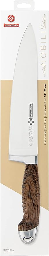 Mundial Nobilis Series, 10-Inch Chef’s Knife - Stainless Steel Blade with Ergonomic Wood Handle, Ideal for Cutting Meats, Durable & Corrosion-Resistant