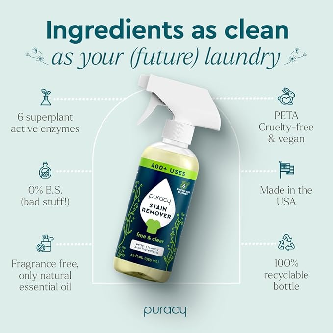 Puracy Stain Remover Spray, Natural Based Travel and Laundry Stain Cleaner for Clothes, Baby Essentials, Kids Stains, Oil and Fabric Spot Cleaner (Unscented, 12 oz)