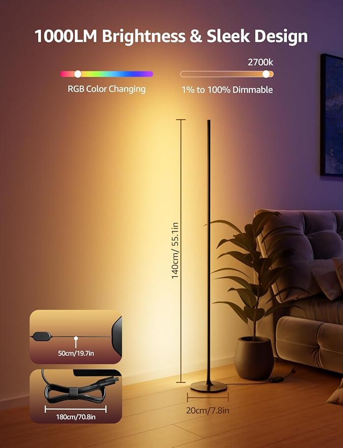 Lepro OE1 AI Floor Lamps for Living Room, Smart LED Corner Lamp with RGBW Color Changing, Alexa Compatible, AI Generated 4.0, Music Sync, Modern Standing Lights for Bedroom, No Remote, 2.4G WiFi Only