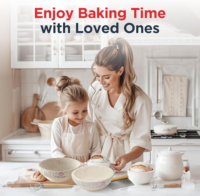 Bread Proofing Basket Set of 2 - Round 9" Sourdough Bread Baking Supplies w/Linen Liner, Scrapers, Scoring Lame, Whisk, Blades Banneton Proofing Baskets - Sourdough Starter Kit for Beginners