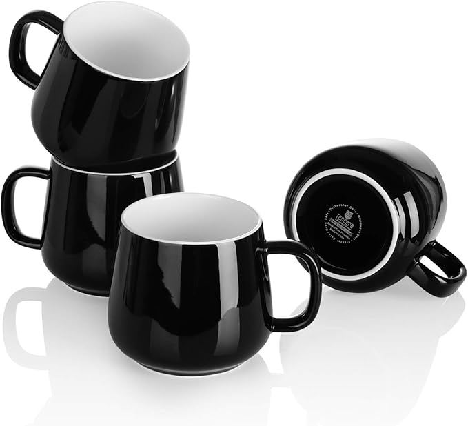 Teocera Ceramic Coffee Mug Set of 4-12 oz Coffee Mugs with Large Handles for Hot or Cold Drinks Like Latte, Cocoa, Tea or Juice - Smooth Ceramic, Dishwasher Safe,Black