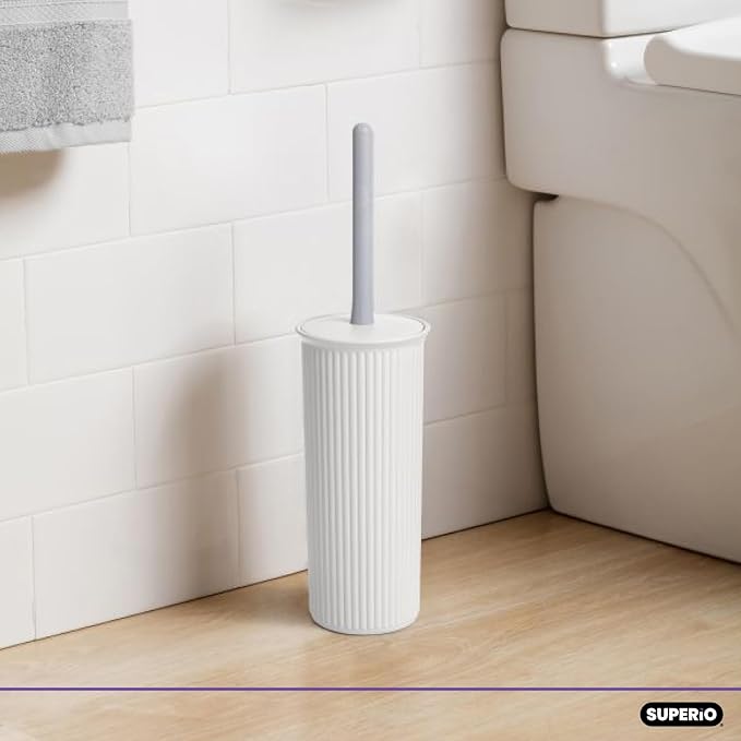 Superio Decorative Plastic Toilet Bowl Brush and Holder Set, Cleaner Scrubber for Bathroom (2, White)