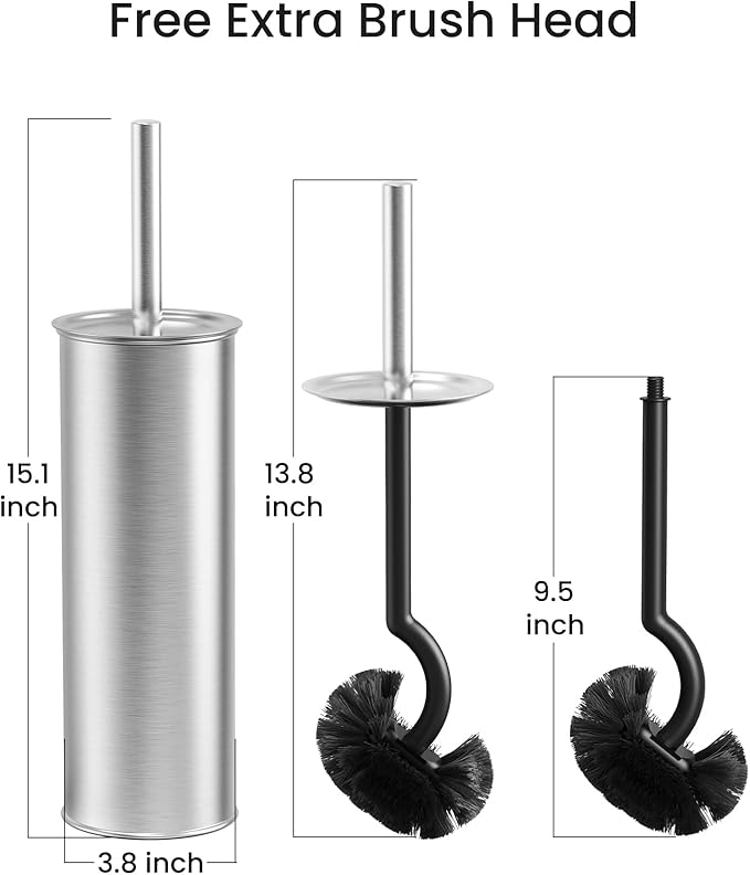 Cesun Toilet Brush and Holder Set - Curved Design Toilet Brush for Deep Cleaning Under Rim, 304 Stainless Steel Toilet Bowl Brush and Holder for Bathroom, Rv, Silver(2 Replaceable Brush Head Included)