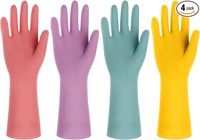 4 Pairs Rubber Kitchen Dishwashing Gloves - Colorful Reusable Household Cleaning Gloves Outdoor Chores for Women & Men (Medium)