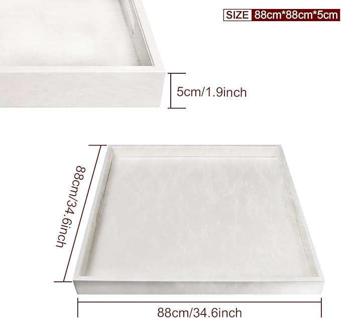 35 * 35 inches Leather Rectangle Serving Tray with Hole Handles,High-End Light Large Service Tray for Ottoman Tray, Tea, Food, Butler - Countertop, Kitchen,Family Dinner, Picnic(White)