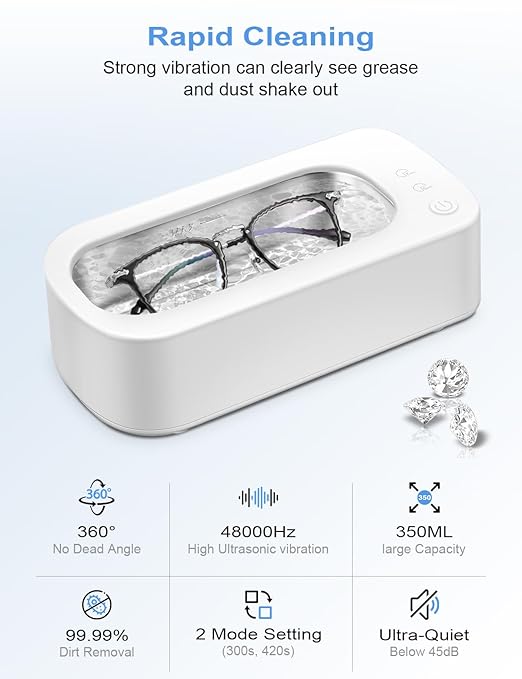 Jewelry Cleaner Machine Ultrasonic 48KHz Ultra Sonic Cleaner for Glasses, Rings, Earrings, Watch Strap, Dentures, Makeup Brush, 304 Stainless Steel 12oz Cleaning Pod with 2 Timer Modes (White1)