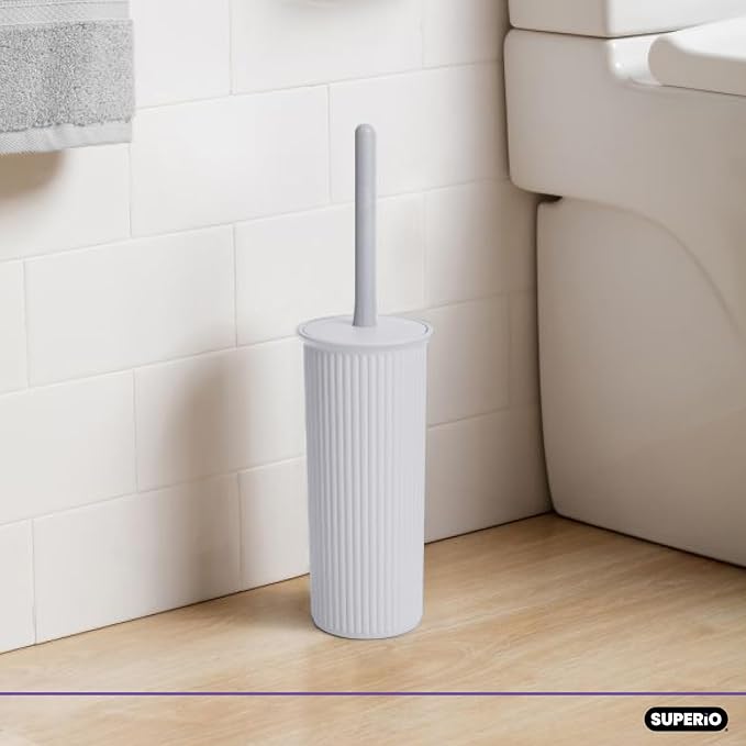 Superio Ribbed Collection - Decorative Plastic Toilet Bowl Brush and Holder Set, White Smoke (1 Pack) Cleaner Scrubber for Bathroom